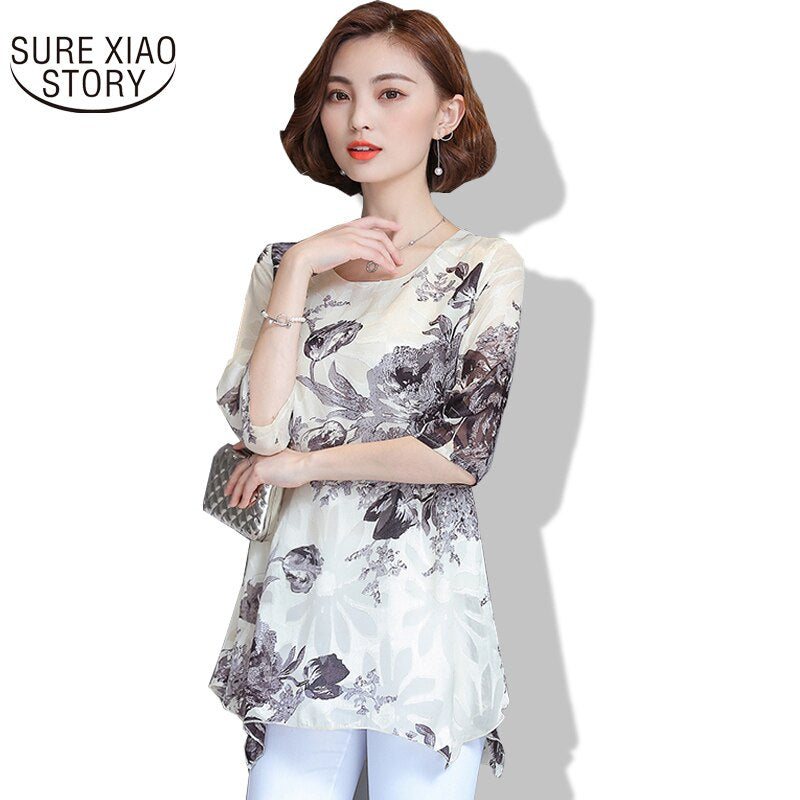 2023 New Summer Print Short Sleeved Women's Chiffon Large Size T-shirt Female Unlined Upper Garment Casual T-shirt 611E 30