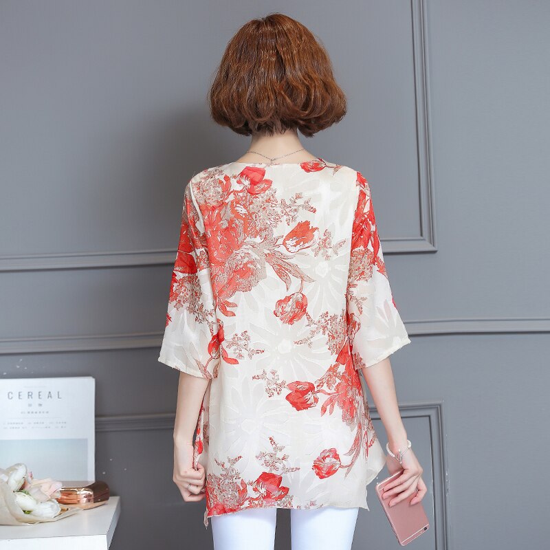 2023 New Summer Print Short Sleeved Women's Chiffon Large Size T-shirt Female Unlined Upper Garment Casual T-shirt 611E 30