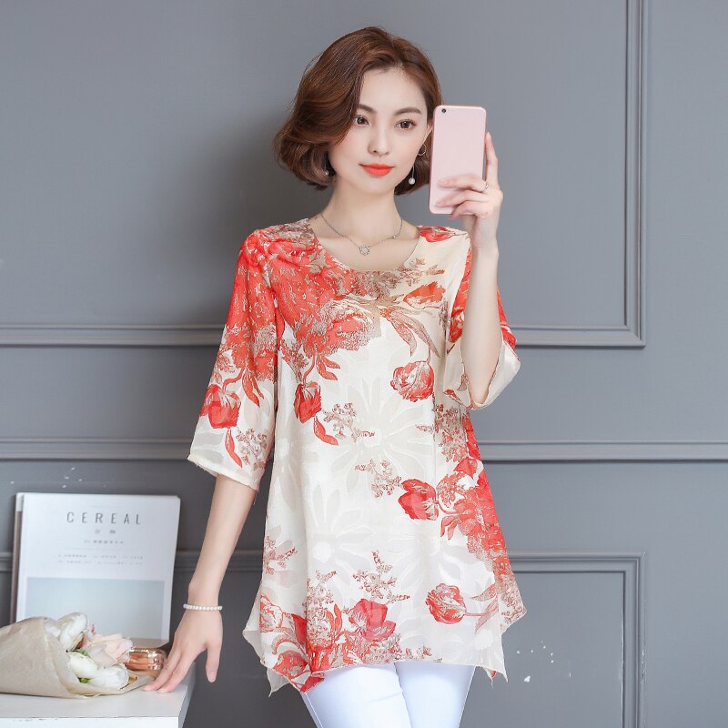 2023 New Summer Print Short Sleeved Women's Chiffon Large Size T-shirt Female Unlined Upper Garment Casual T-shirt 611E 30