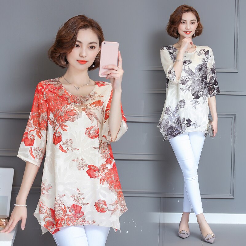 2023 New Summer Print Short Sleeved Women's Chiffon Large Size T-shirt Female Unlined Upper Garment Casual T-shirt 611E 30