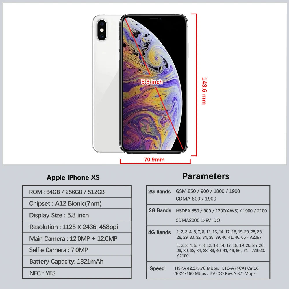 Téléphone portable d'origine Apple iPhone XS/XS Max 4G LTE 5.8 "4GB RAM 64GB/256GB ROM 12MP + 7MP téléphone portable hexa-core XS Smartphone