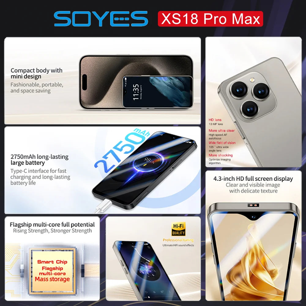 Première mondiale SOYES XS18 Pro Max Mini Smartphone 4.3 "global 4G Android8.1 avec batterie 2750mAh reconnaissance faciale GPS petit