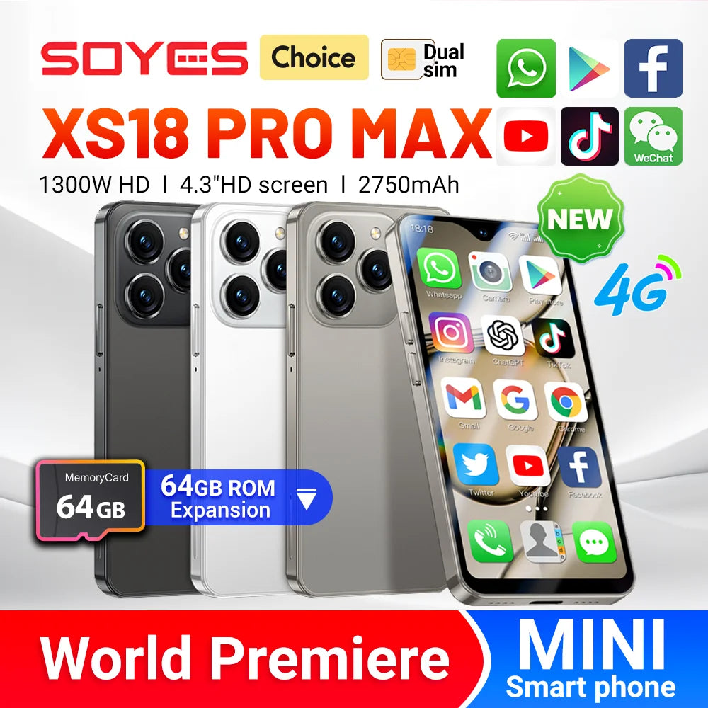 Première mondiale SOYES XS18 Pro Max Mini Smartphone 4.3 "global 4G Android8.1 avec batterie 2750mAh reconnaissance faciale GPS petit