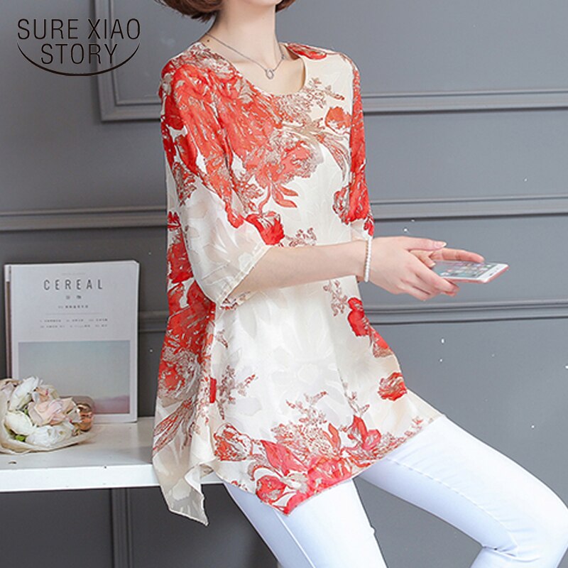 2023 New Summer Print Short Sleeved Women's Chiffon Large Size T-shirt Female Unlined Upper Garment Casual T-shirt 611E 30