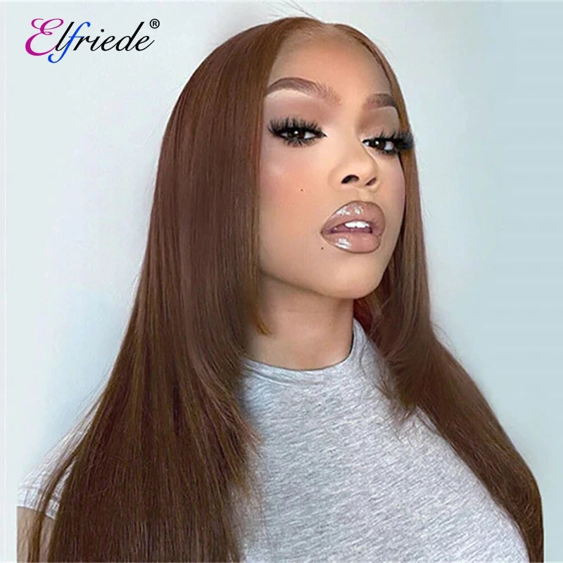 Elfriede #4 Chocolate Brown Straight Layered Cut HD Lace Wigs Women's 13X4 13X6 Lace Front Preplucked Brazilian Human Hair Wigs