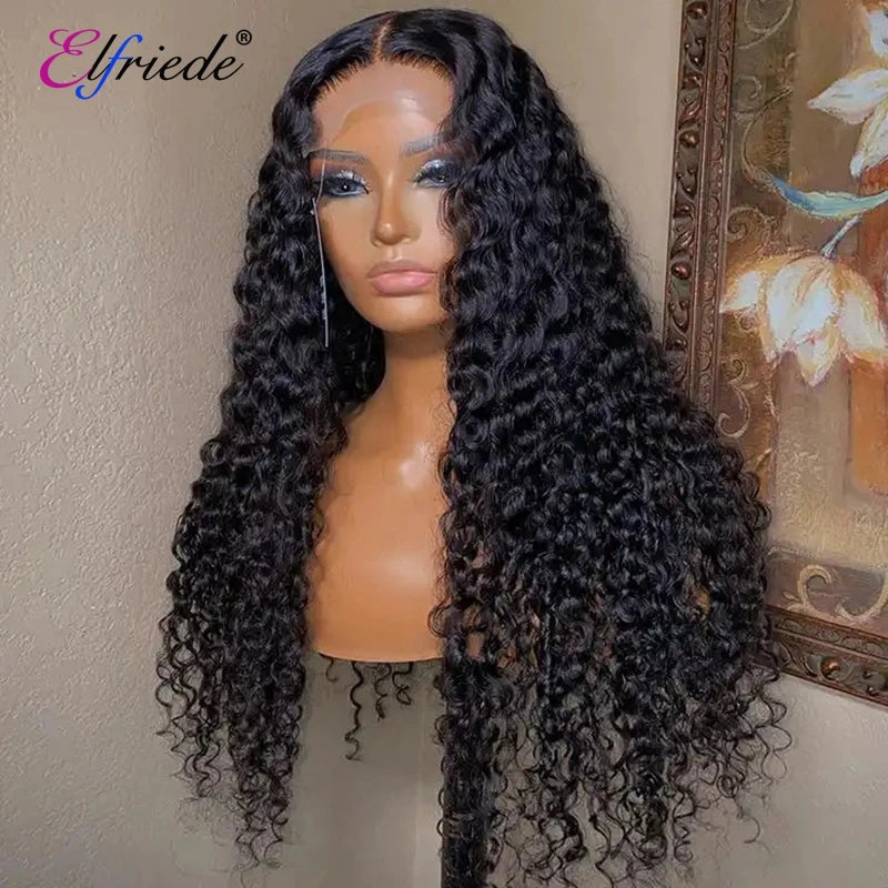 Elfriede Jerry Curly Skin Melt HD Lace Wigs Women's 4x4 Lace Closure 13X6 Lace Frontal Natural Black Pre Plucked Human Hair Wigs