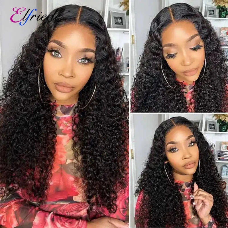 Elfriede Jerry Curly Skin Melt HD Lace Wigs Women's 4x4 Lace Closure 13X6 Lace Frontal Natural Black Pre Plucked Human Hair Wigs