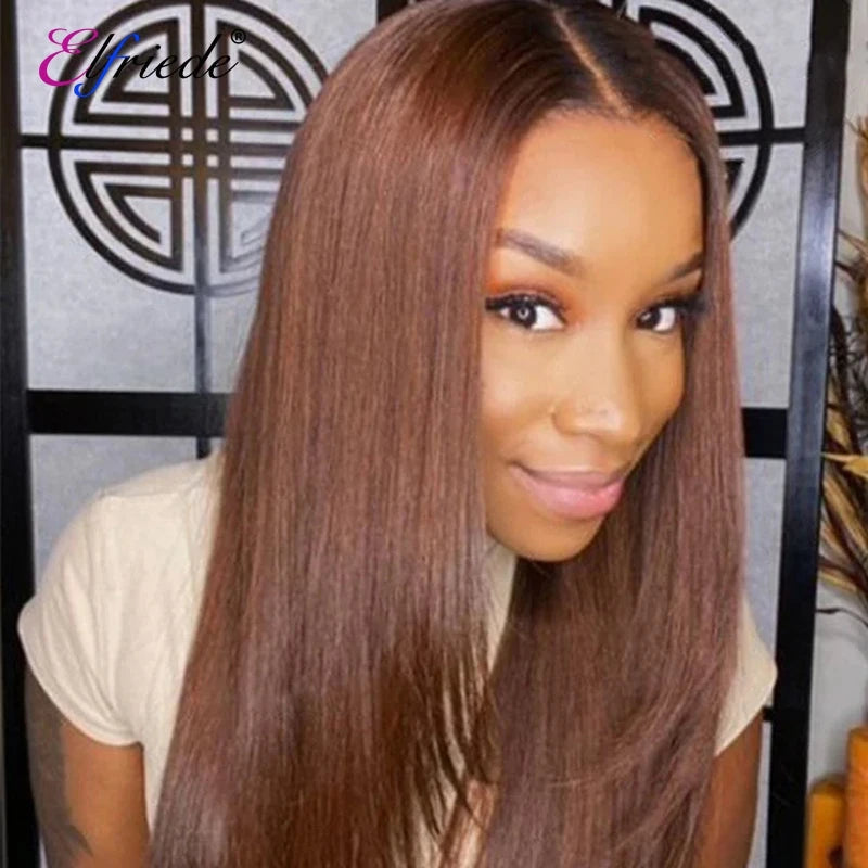 Elfriede #4 Chocolate Brown Straight Layered Cut HD Lace Wigs Women's 13X4 13X6 Lace Front Preplucked Brazilian Human Hair Wigs