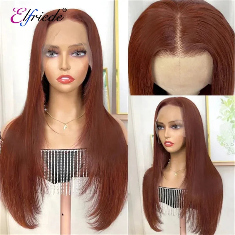 Elfriede #33 Reddish Brown Straight Layered Cut HD Lace Wigs Women's 13X4 13X6 Lace Front Preplucked Brazilian Human Hair Wigs