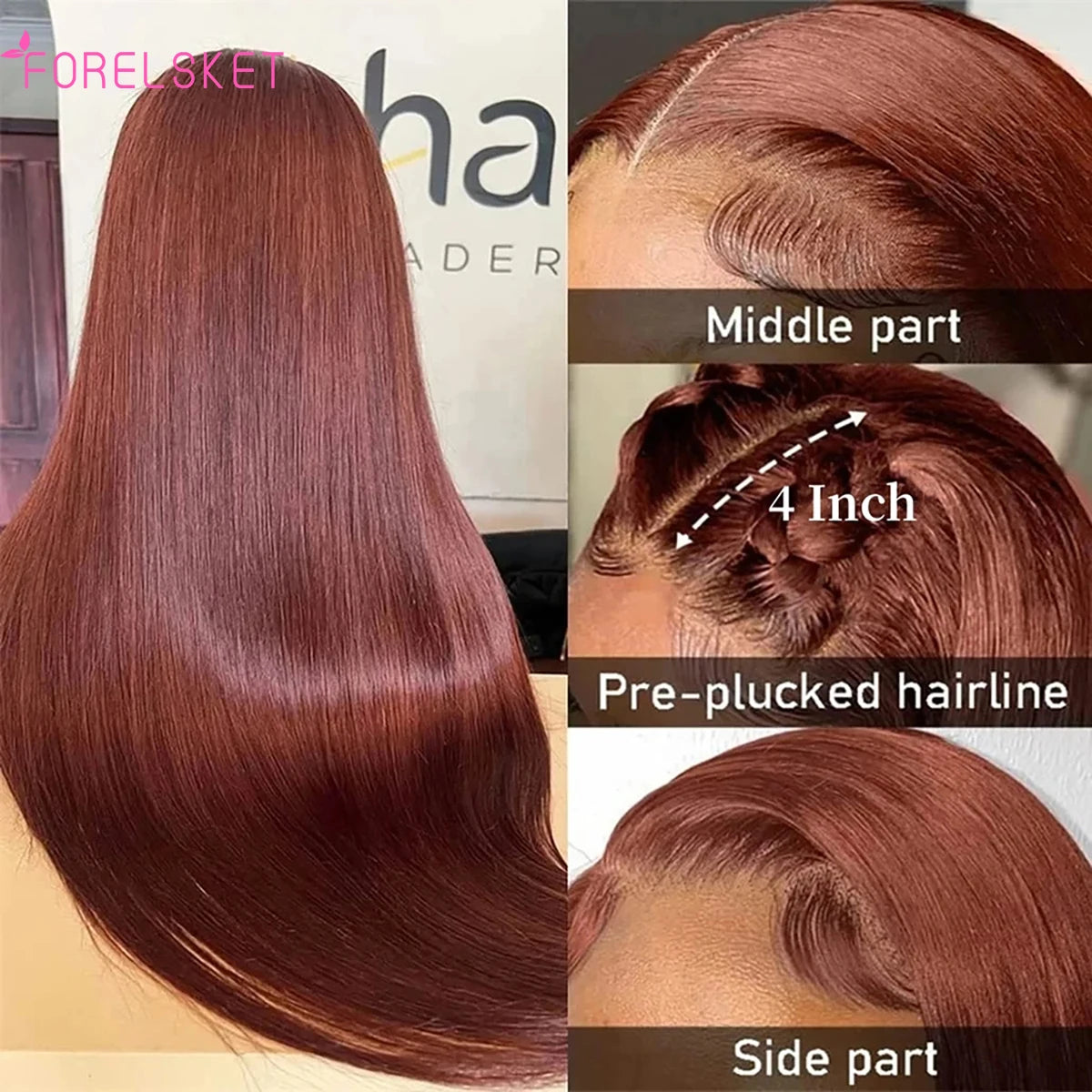 Burgundy Brazilian Virgin Straight Human Hair Wig Women's 4x4 Pre-plucked Front Lace Wig 100% Human Hair Deep Burgundy Brown Wig