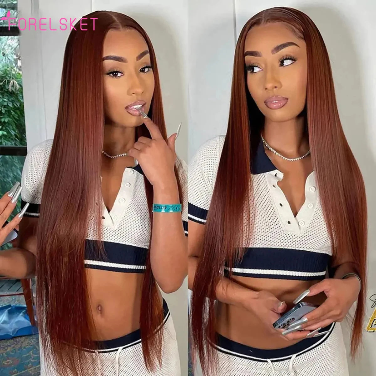 Burgundy Brazilian Virgin Straight Human Hair Wig Women's 4x4 Pre-plucked Front Lace Wig 100% Human Hair Deep Burgundy Brown Wig