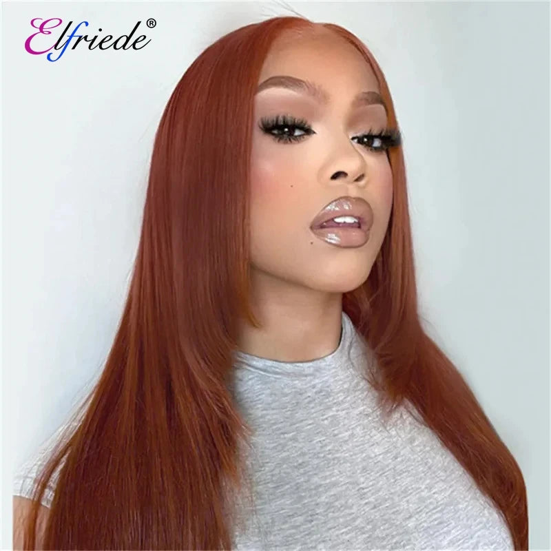 Elfriede #33 Reddish Brown Straight Layered Cut HD Lace Wigs Women's 13X4 13X6 Lace Front Preplucked Brazilian Human Hair Wigs