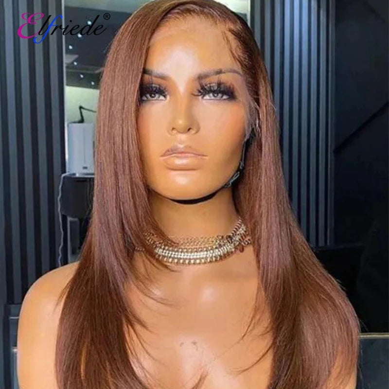 Elfriede #4 Chocolate Brown Straight Layered Cut HD Lace Wigs Women's 13X4 13X6 Lace Front Preplucked Brazilian Human Hair Wigs