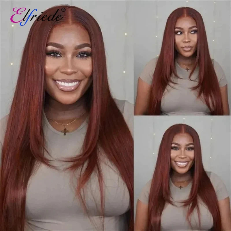 Elfriede #33 Reddish Brown Straight Layered Cut HD Lace Wigs Women's 13X4 13X6 Lace Front Preplucked Brazilian Human Hair Wigs