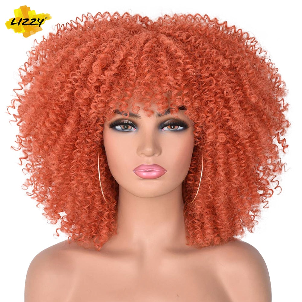 LIZZY Short Afro Kinky Curly Wigs With Bangs For Black Women African Synthetic Ombre Brown Cosplay Wig High Temperature Glueless