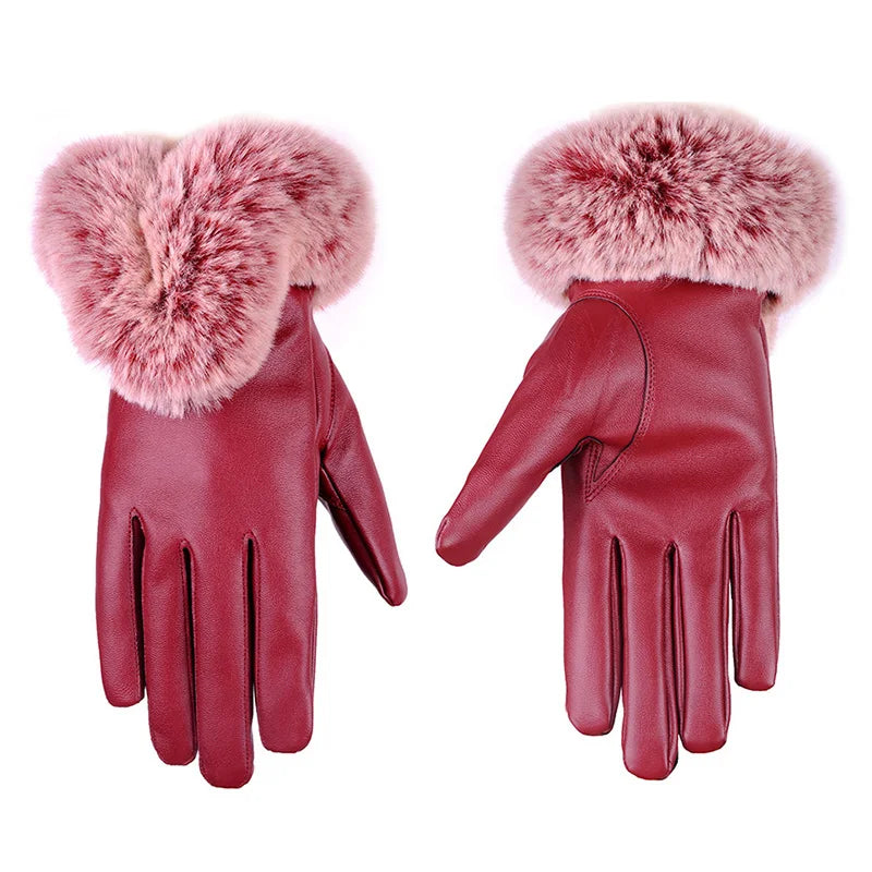 Women Winter Gloves Faux Rabbit PU Leather Touch Screen Mittens Lady Female Outdoor Driving Warm Gloves