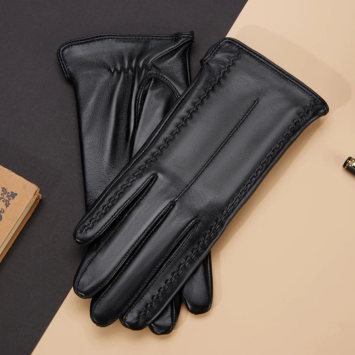 BISON DENIM Women Genuine Leather Gloves Winter Warm Ladies Real Sheepskin Gloves Girls Driving Riding Luxury Brand Gloves