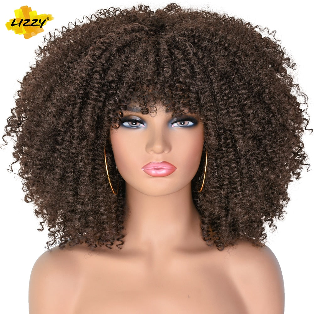 LIZZY Short Afro Kinky Curly Wigs With Bangs For Black Women African Synthetic Ombre Brown Cosplay Wig High Temperature Glueless