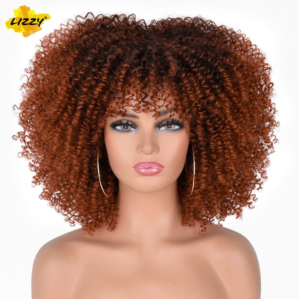 LIZZY Short Afro Kinky Curly Wigs With Bangs For Black Women African Synthetic Ombre Brown Cosplay Wig High Temperature Glueless