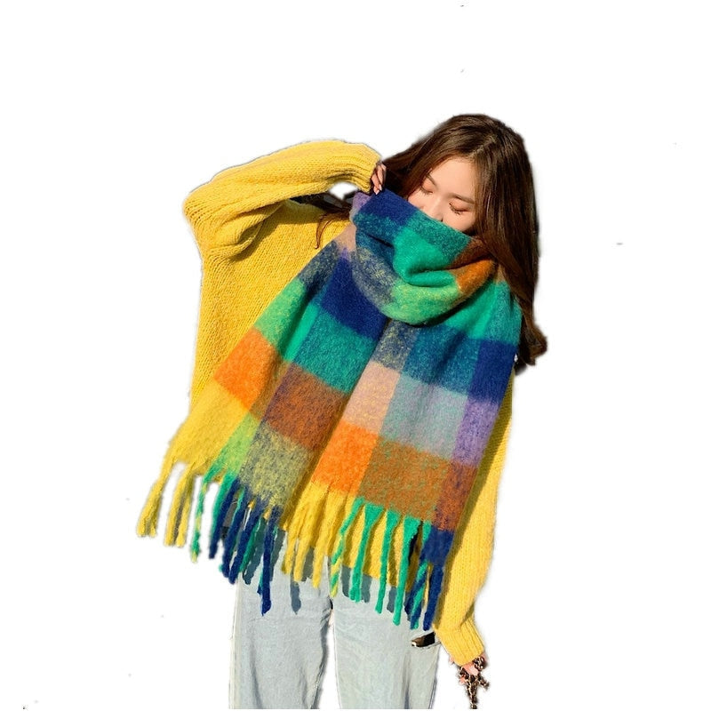 2023 New Women Plaid Scarf Winter Pashmina Shawls Cashmere Thick Wraps Lady Tassel Warm Scarves Rainbow Hairy Bufanda