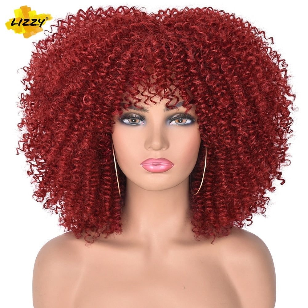 LIZZY Short Afro Kinky Curly Wigs With Bangs For Black Women African Synthetic Ombre Brown Cosplay Wig High Temperature Glueless