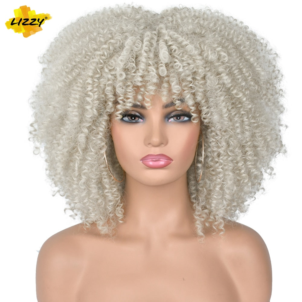 LIZZY Short Afro Kinky Curly Wigs With Bangs For Black Women African Synthetic Ombre Brown Cosplay Wig High Temperature Glueless