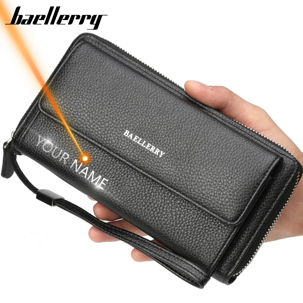 Name Engraving PU Leather Men Clutch Wallets Zipper Large Capacity Hand Strap Men Wallet Luxurious Business Solid Male Purses