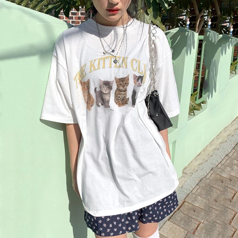 Kawaii The Kitten Club Women T Shirt Streetwear White Cotton Short Sleeve Femme Oversized Graphic Tee Cute Grunge Tops Y2k Egirl