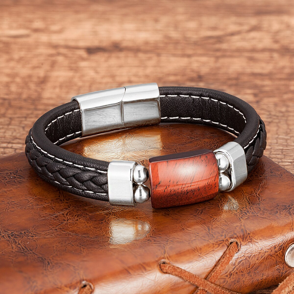 Charm Natural Tiger Eye Stone Bracelet For Men Geometric Shape Natural Stone Black Braided Leather Bracelets Gifts Bijoux Homme