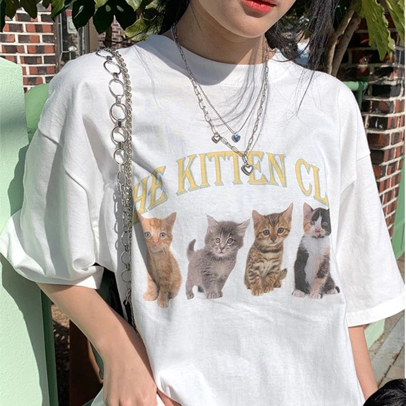 Kawaii The Kitten Club Women T Shirt Streetwear White Cotton Short Sleeve Femme Oversized Graphic Tee Cute Grunge Tops Y2k Egirl