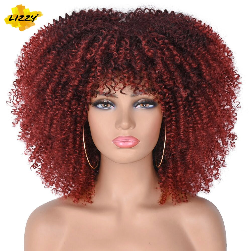 LIZZY Short Afro Kinky Curly Wigs With Bangs For Black Women African Synthetic Ombre Brown Cosplay Wig High Temperature Glueless