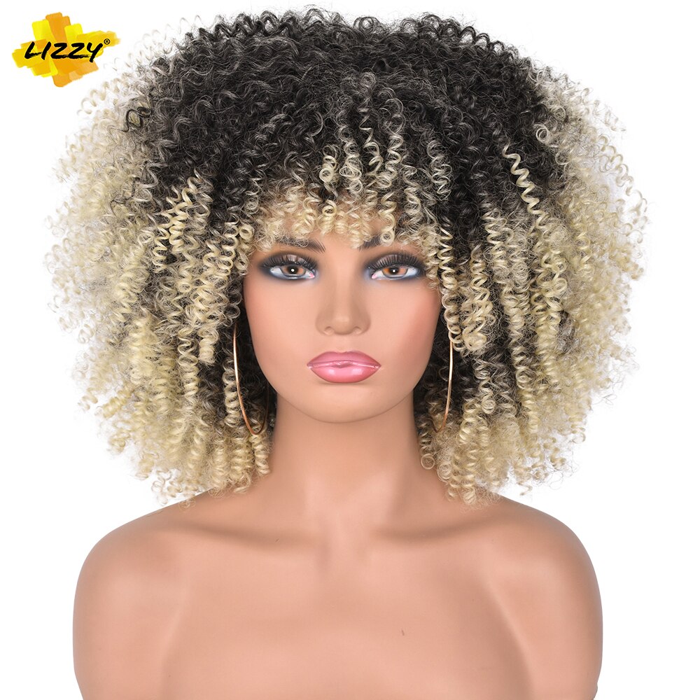 LIZZY Short Afro Kinky Curly Wigs With Bangs For Black Women African Synthetic Ombre Brown Cosplay Wig High Temperature Glueless