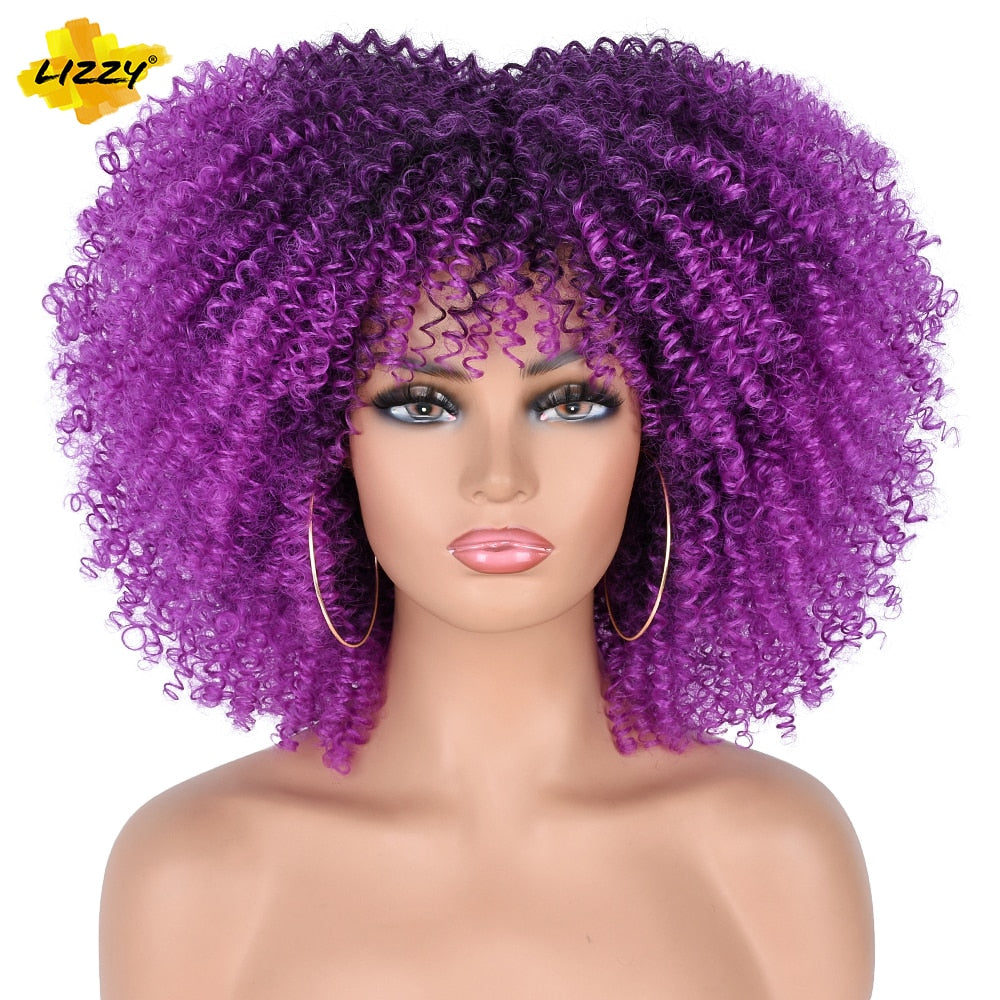 LIZZY Short Afro Kinky Curly Wigs With Bangs For Black Women African Synthetic Ombre Brown Cosplay Wig High Temperature Glueless