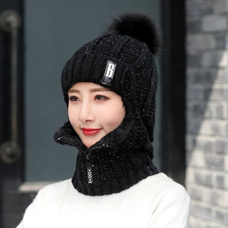 Winter women's Knitted Caps Plush Pullover Earmuff Bib Cap For Warmth Bonnet Hivers Femme strickmütze Pompom Fur Warm Hat