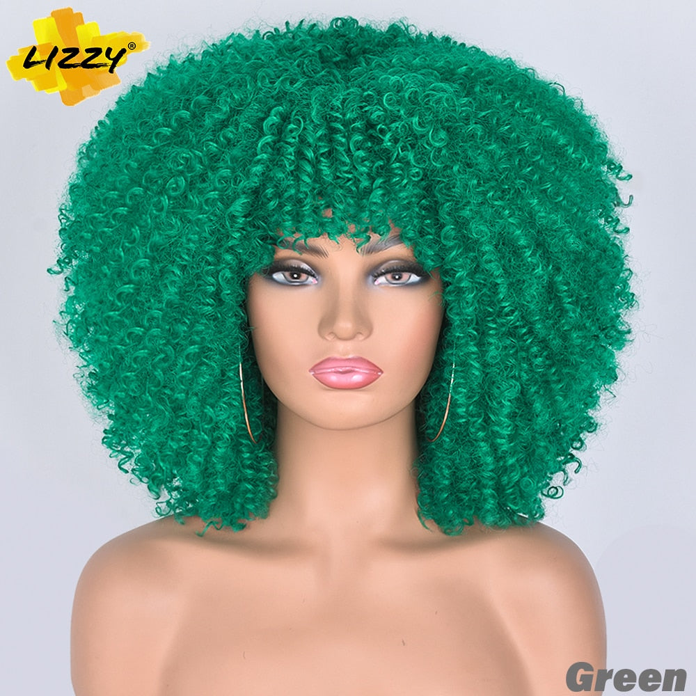 LIZZY Short Afro Kinky Curly Wigs With Bangs For Black Women African Synthetic Ombre Brown Cosplay Wig High Temperature Glueless