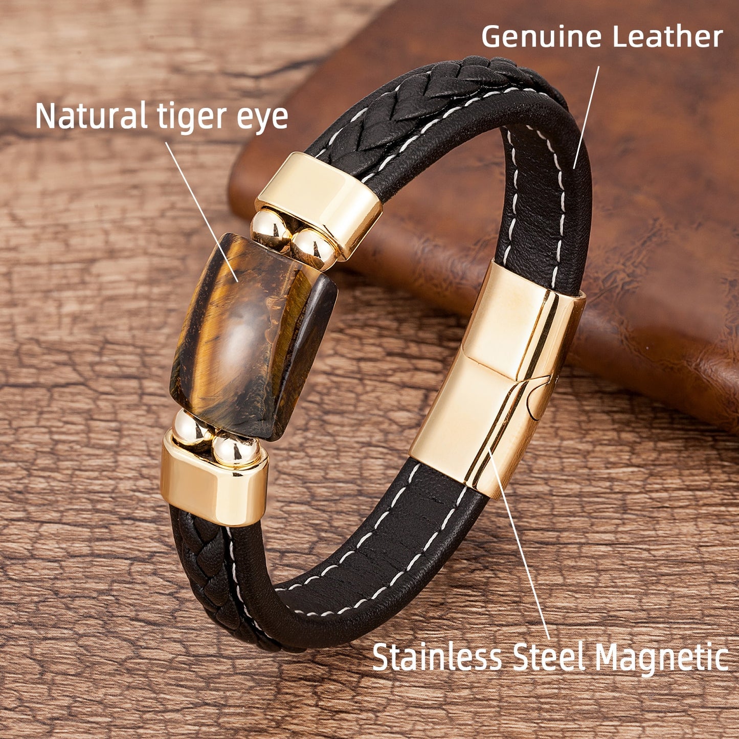 Charm Natural Tiger Eye Stone Bracelet For Men Geometric Shape Natural Stone Black Braided Leather Bracelets Gifts Bijoux Homme