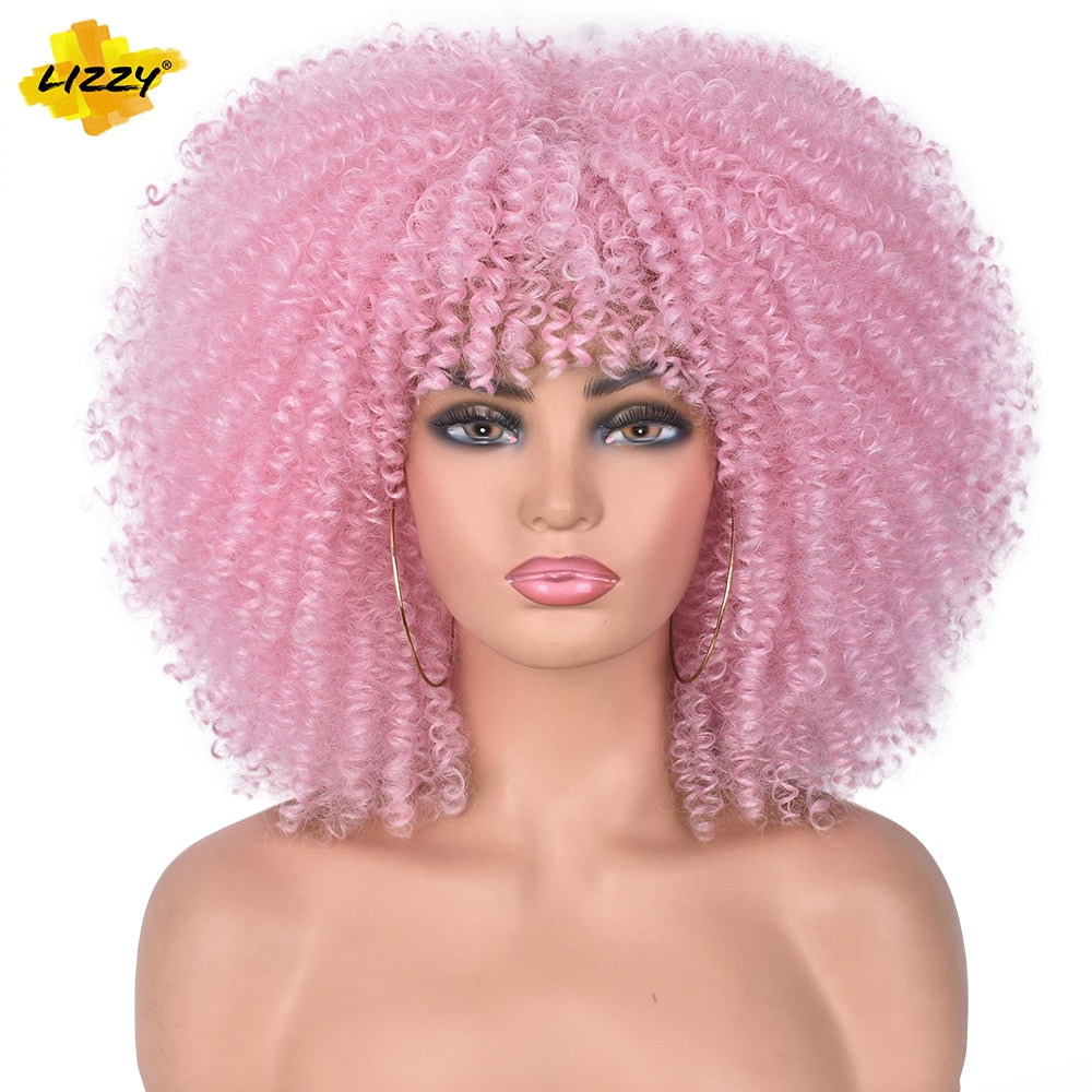 LIZZY Short Afro Kinky Curly Wigs With Bangs For Black Women African Synthetic Ombre Brown Cosplay Wig High Temperature Glueless