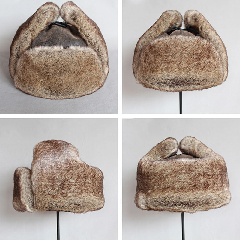 Bomber Hats Winter Men Warm Russian Ushanka Hat with Ear Flap Pu Leather  Fur Trapper Cap  Earflap for Women