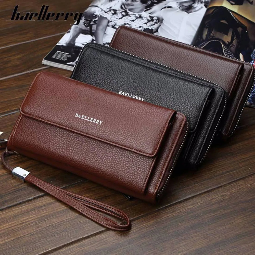 Name Engraving PU Leather Men Clutch Wallets Zipper Large Capacity Hand Strap Men Wallet Luxurious Business Solid Male Purses