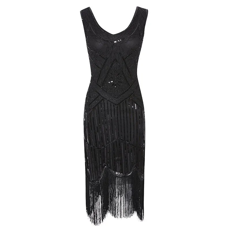 Women Party Dress 1920 s Great Gatsby Flapper Vestidos Sequin Bead Fringe Dress Evening V Neck Embellished Fringed Sleeveless