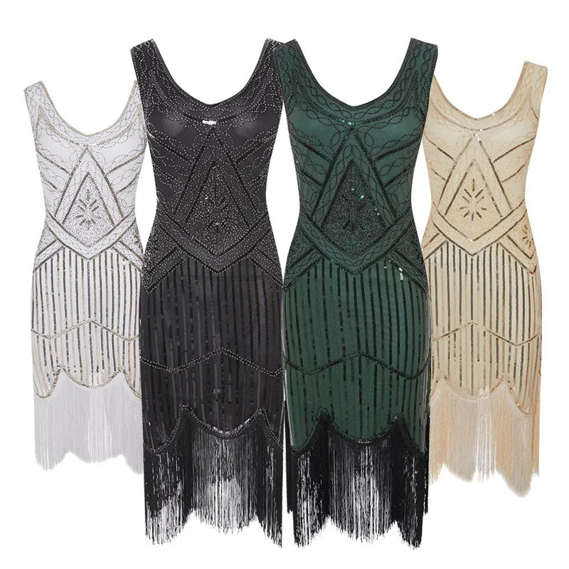 Women Party Dress 1920 s Great Gatsby Flapper Vestidos Sequin Bead Fringe Dress Evening V Neck Embellished Fringed Sleeveless