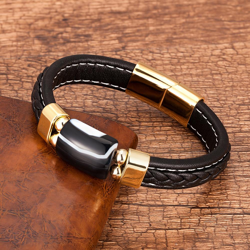 Charm Natural Tiger Eye Stone Bracelet For Men Geometric Shape Natural Stone Black Braided Leather Bracelets Gifts Bijoux Homme