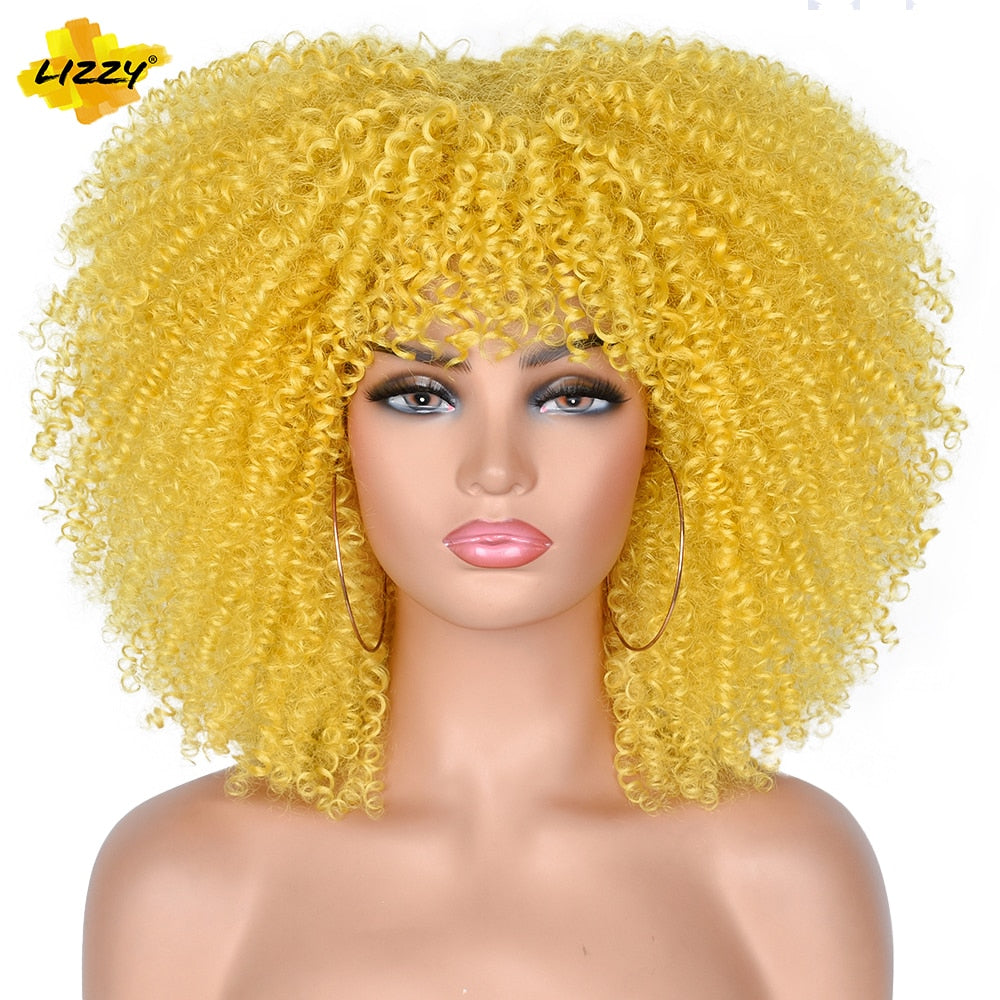 LIZZY Short Afro Kinky Curly Wigs With Bangs For Black Women African Synthetic Ombre Brown Cosplay Wig High Temperature Glueless