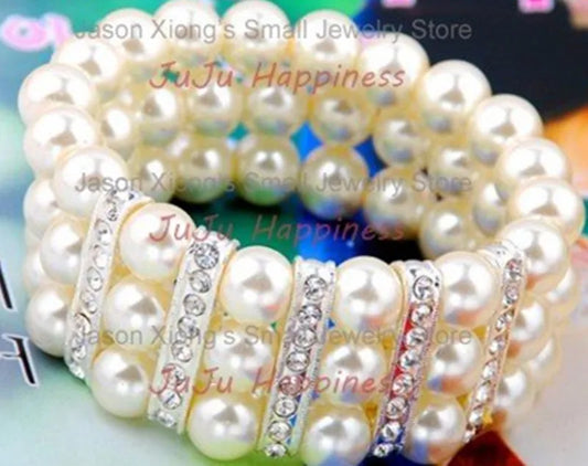 Fashion Three Rows White/Ricewhite Glass Pearl Beads Stretchy Bracelet With Clear Rhinestone Accessory One Piece pbb1004