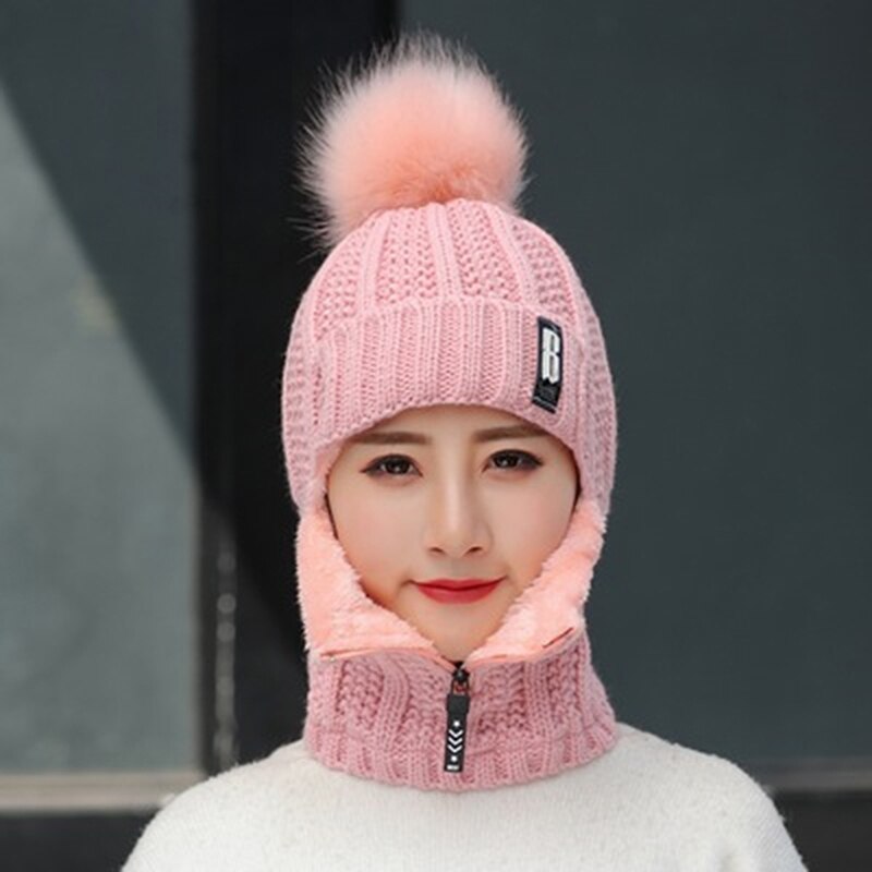 Winter women's Knitted Caps Plush Pullover Earmuff Bib Cap For Warmth Bonnet Hivers Femme strickmütze Pompom Fur Warm Hat