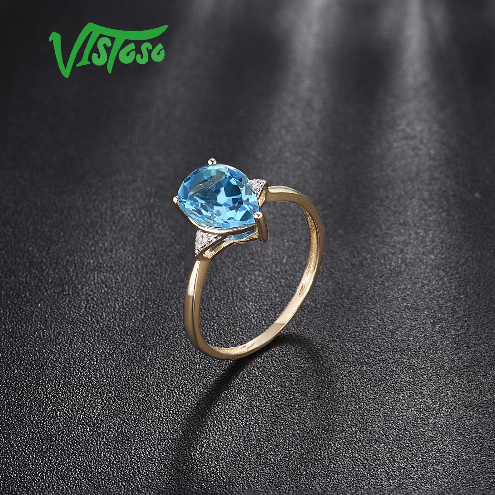 VISTOSO Pure14K 585 Yellow Gold Ring For Women Sparkling Diamond Limpid Blue Topaz Anniversary Classic Fine Jewelry