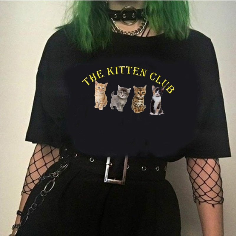 Kawaii The Kitten Club Women T Shirt Streetwear White Cotton Short Sleeve Femme Oversized Graphic Tee Cute Grunge Tops Y2k Egirl