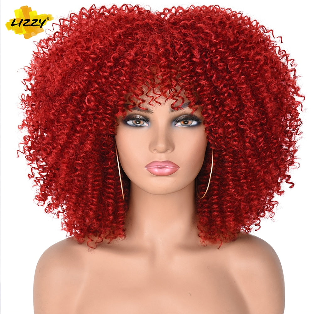 LIZZY Short Afro Kinky Curly Wigs With Bangs For Black Women African Synthetic Ombre Brown Cosplay Wig High Temperature Glueless