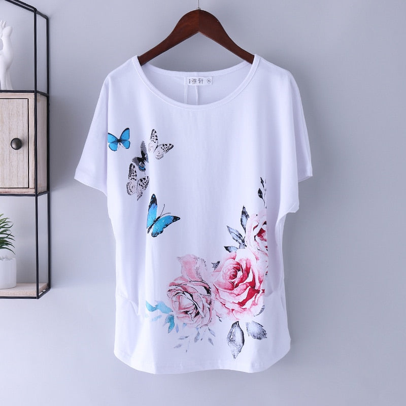 Tshirt Tops Women&#39;s Summer Cotton Loose Short Sleeve Tees Female White Printing Tshirt Basic Large Size Loose Bat Sleeve M 4XL