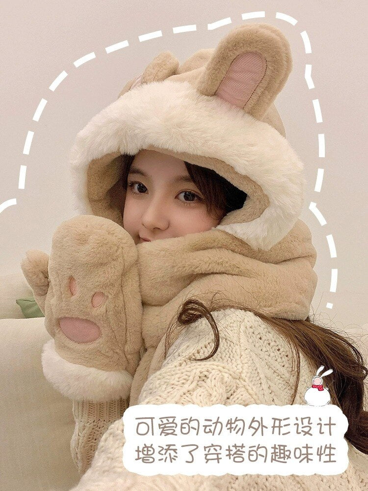 Rabbit Ear Hat, Scarf, Glove, One Piece Women's Winter Three Piece Set, Korean Version Cute Plush Warm Ear Protection Neck